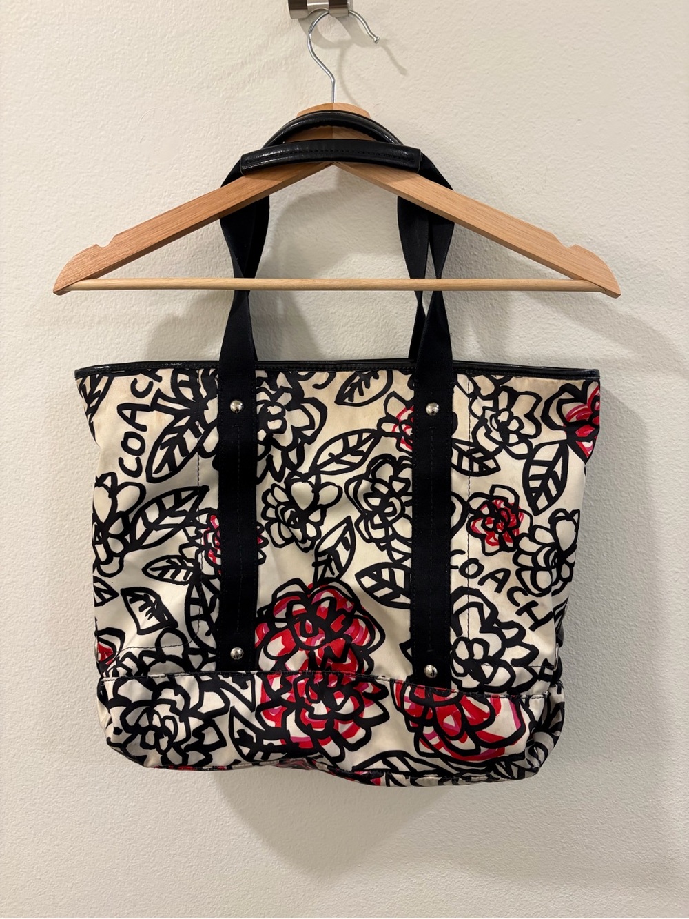 Coach Floral Satin Tote Bag in Cream, Black & Red - Picture 2 of 7